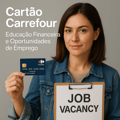Cartão de crédito Carrefour sobre fundo neutro, representando compras no supermercado e no Atacadão