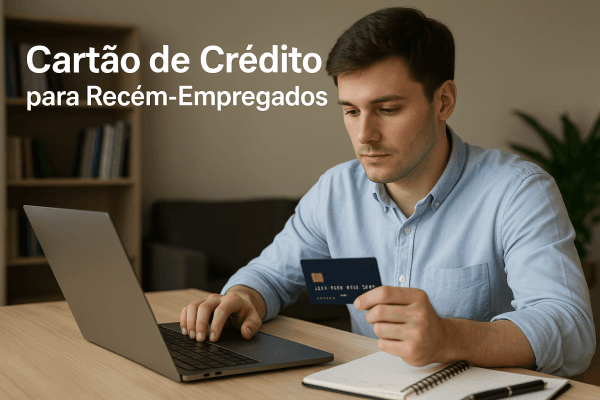 Pessoa recém-empregada analisando opções de cartão de crédito no celular