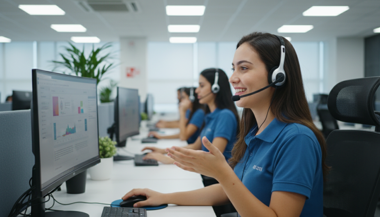 Atendente de telemarketing com headset atendendo cliente