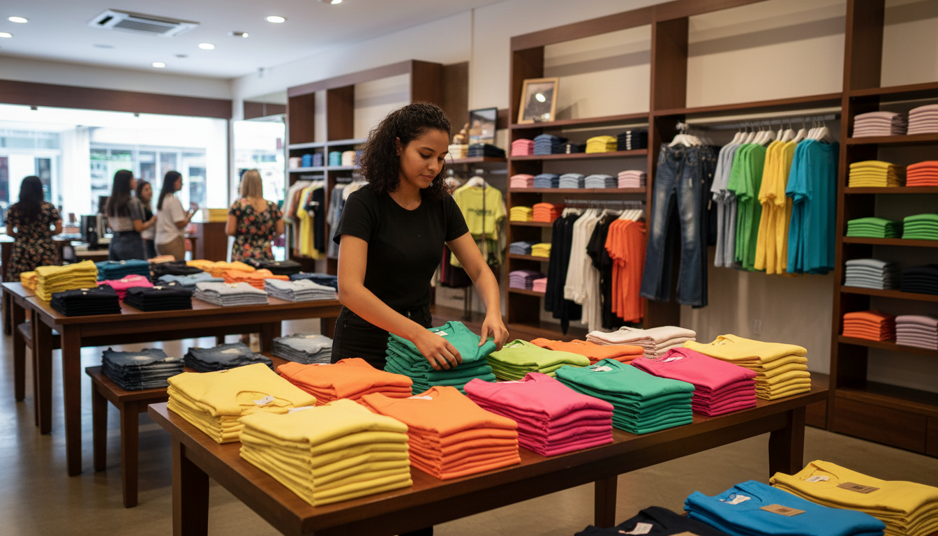 Operador de loja organizando produtos na vitrine e nas prateleiras