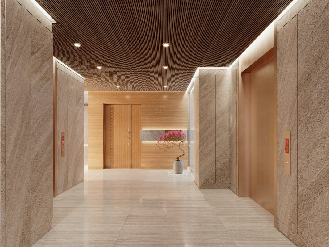 Porteiro: hall de entrada de prédio moderno com elevadores