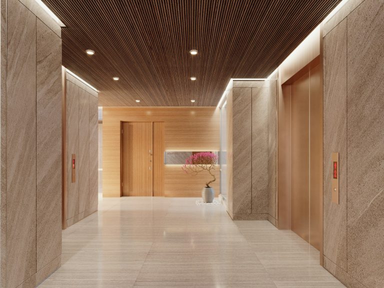 Porteiro: hall de entrada de prédio moderno com elevadores
